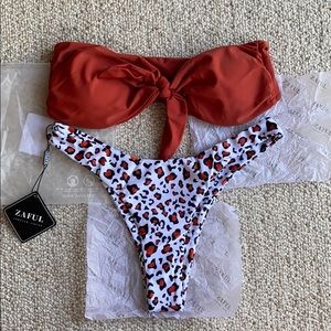 NWT Zaful chestnut red/leopard tied bandeau bikini